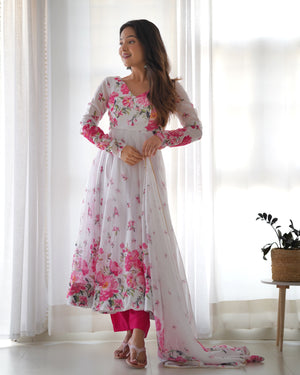 Organza Silk Printed Anarkali Set – Ivory Floral