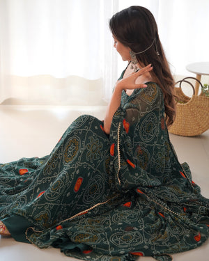 Soft Lightweight Chiffon Bandhej Embroidered Gown Set – Bottle Green