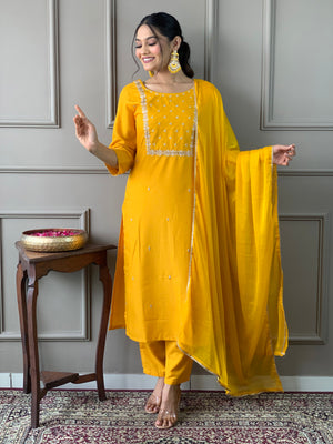 Rayon Slub Embroidered Kurta Pant Dupatta Set – Yellow
