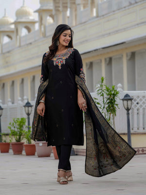 Premium Roman Silk Embroidered Straight Kurti Set – Black