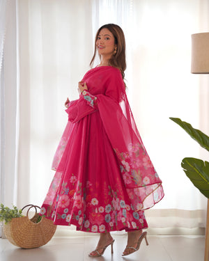 Organza Silk Printed Anarkali Set – Pink