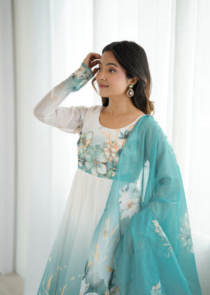 Organza Silk Printed Anarkali Set – Aqua Blue