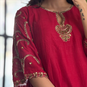 Chanderi Viscose Embroidered Kurta Pant Dupatta Set – Red