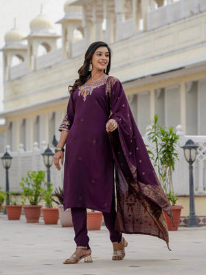 Premium Roman Silk Embroidered Straight Kurti Set – Wine