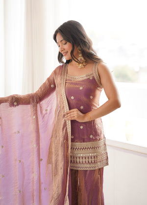 Frendy Silk Embroidered Bell Bottom Set – Wine