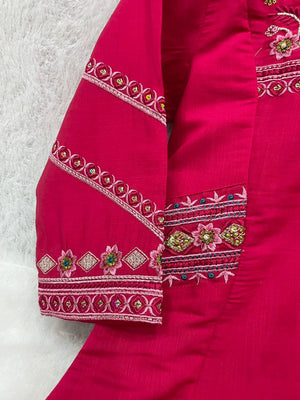 Viscose Mango Silk Embroidered Anarkali Kurti Set – Rani Pink