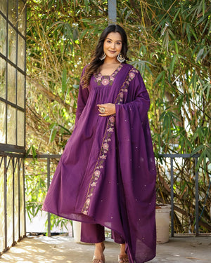 Soft Rayon Slub Embroidered Kurta Pant Dupatta Set – Purple