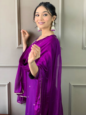 Rayon Slub Embroidered Kurta Pant Dupatta Set – Violet