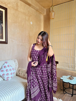 Rayon Slub Printed Kurta Pant Dupatta Set – Purple