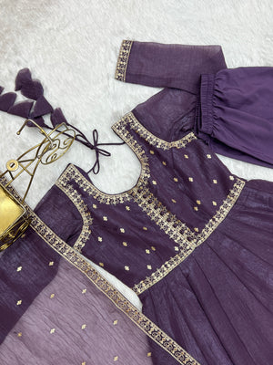 Crunchy Silk Embroidered Gown Set – Purple