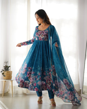 Organza Silk Printed Anarkali Set – Blue