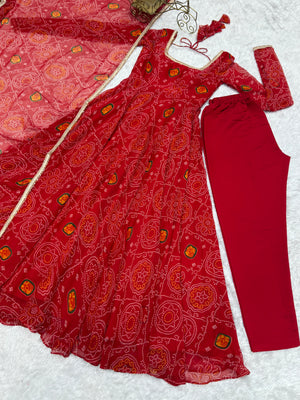 Soft Lightweight Chiffon Bandhej Fabric Inner Micro Cotton Embroidered Anarkali Set – Orange