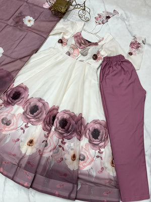 Organza Silk Printed Anarkali Set – Lilac Floral