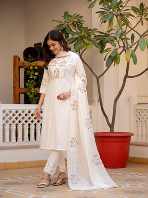 Pure Viscose Mango Silk Embroidered Straight Kurti Set – White