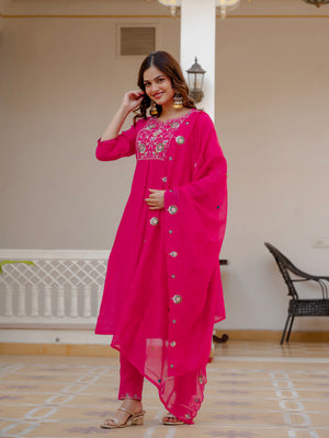 Pure Viscose Mango Silk Embroidered Straight Kurti Set – Pink