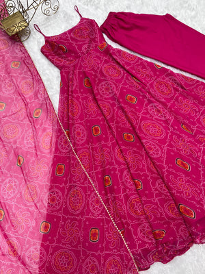 Soft Lightweight Chiffon Bandhej Embroidered Gown Set – Pink
