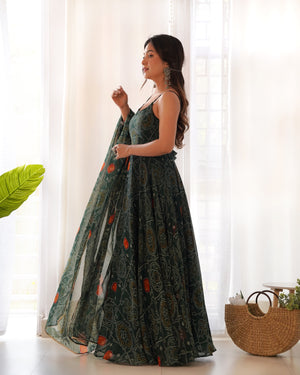 Soft Lightweight Chiffon Bandhej Embroidered Gown Set – Bottle Green
