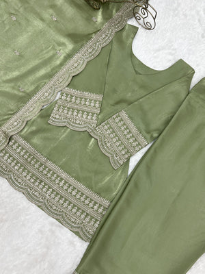 Glass Roman Silk Embroidered Farshi Salwar Set – Sage Green