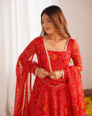 Soft Lightweight Chiffon Bandhej Fabric Inner Micro Cotton Embroidered Anarkali Set – Orange