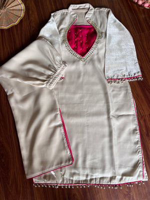 Roman Glass Silk Embroidered Kurti + Blouse + Palazzo Set – Ivory & Rani Pink