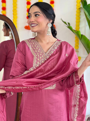 Viscose Chanderi Embroidered Kurta Pant Dupatta Set – Dusty Rose