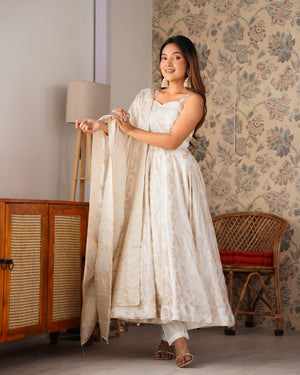 Fancy Banarasi Jackquard Dola Silk Fabric Designer Anarkali Set – Ivory