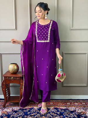 Rayon Slub Embroidered Kurta Pant Dupatta Set – Violet