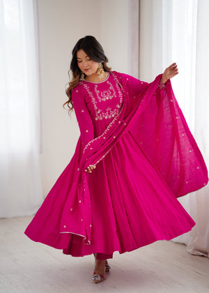 Roman Shimmer Silk Embroidered Anarkali Set – Rani Pink