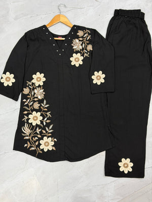 Heavy Rayon Embroidered Co-Ords Set – Black