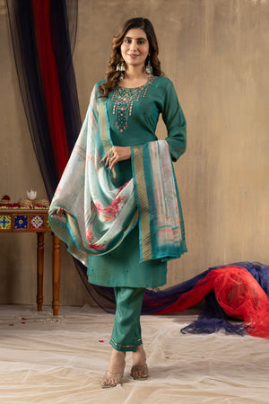Shimmer Gold Silk Embroidered Straight Kurti Set – Rama Green
