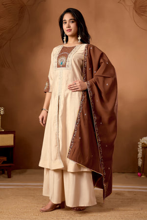 Roman Silk Embroidered Anarkali Kurti Set – Cream