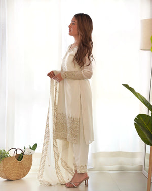 Chinon Silk Embroidered Straight Kurta Set – Ivory