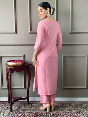 Rayon Slub Embroidered Kurta Pant Dupatta Set – Pink