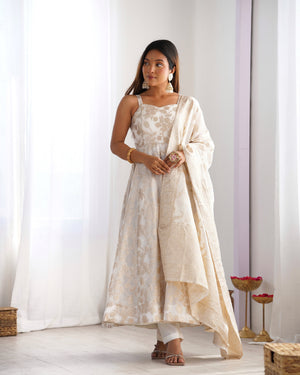 Fancy Banarasi Jackquard Dola Silk Fabric Designer Anarkali Set – Ivory