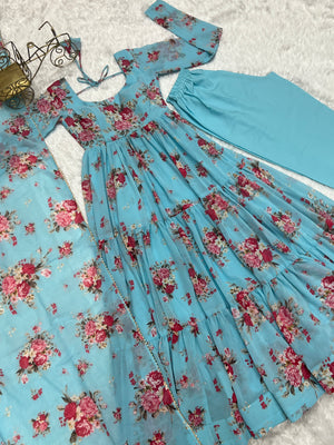 Georgette Printed Anarkali Set – Blue