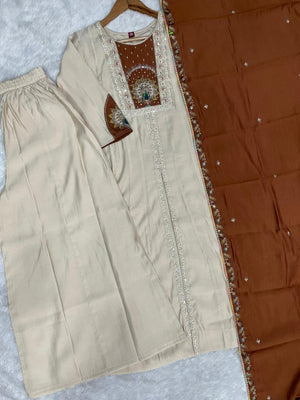 Roman Silk Embroidered Anarkali Kurti Set – Cream