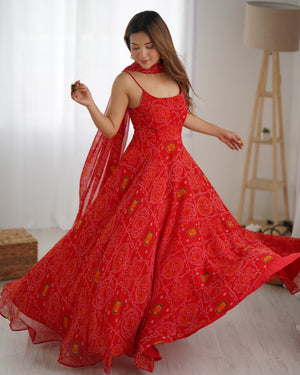 Soft Lightweight Chiffon Bandhej Embroidered Gown Set – Red
