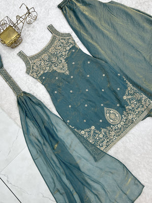 Fendy Silk Embroidered Sharara Set – Slate Blue