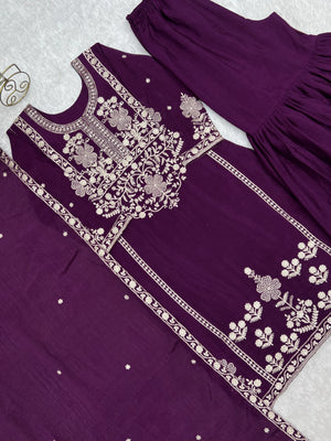 Chinon Silk Embroidered Kurta-Sharara Set – Purple