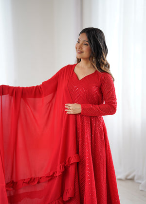 Georgette Embroidered Anarkali Set – Red