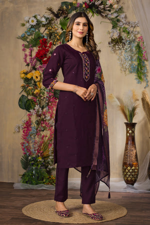 Roman Silk Embroidered Straight Kurti Set – Wine