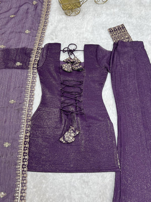 Crunchy Silk Embroidered Bell Bottom Set – Purple
