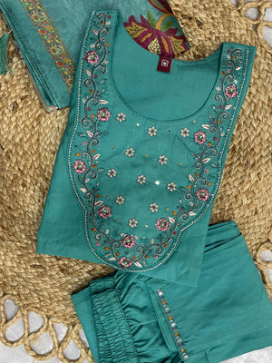Premium Marina Silk Embroidered Straight Kurti Set – See Green