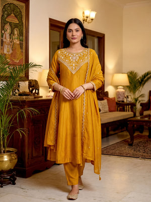 Vichitra Silk Embroidered Kurta Pant Dupatta Set – Gold