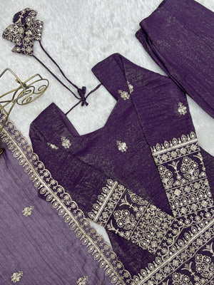 Crunchy Silk Embroidered Bell Bottom Set – Purple