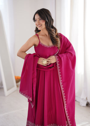 Roman Chanderi Silk Embroidered Anarkali Set – Rani Pink