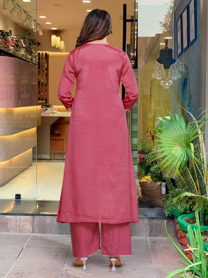 Viscose Chinon Embroidered Kurta Pant Dupatta Set – Dusty Rose