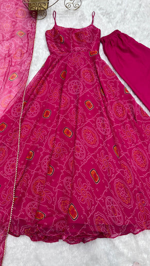 Soft Lightweight Chiffon Bandhej Embroidered Gown Set – Pink