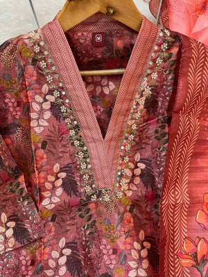 Zarna Silk Embroidered Straight Kurti Set – Dusty Rose