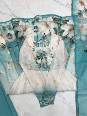 Organza Silk Printed Anarkali Set – Aqua Blue